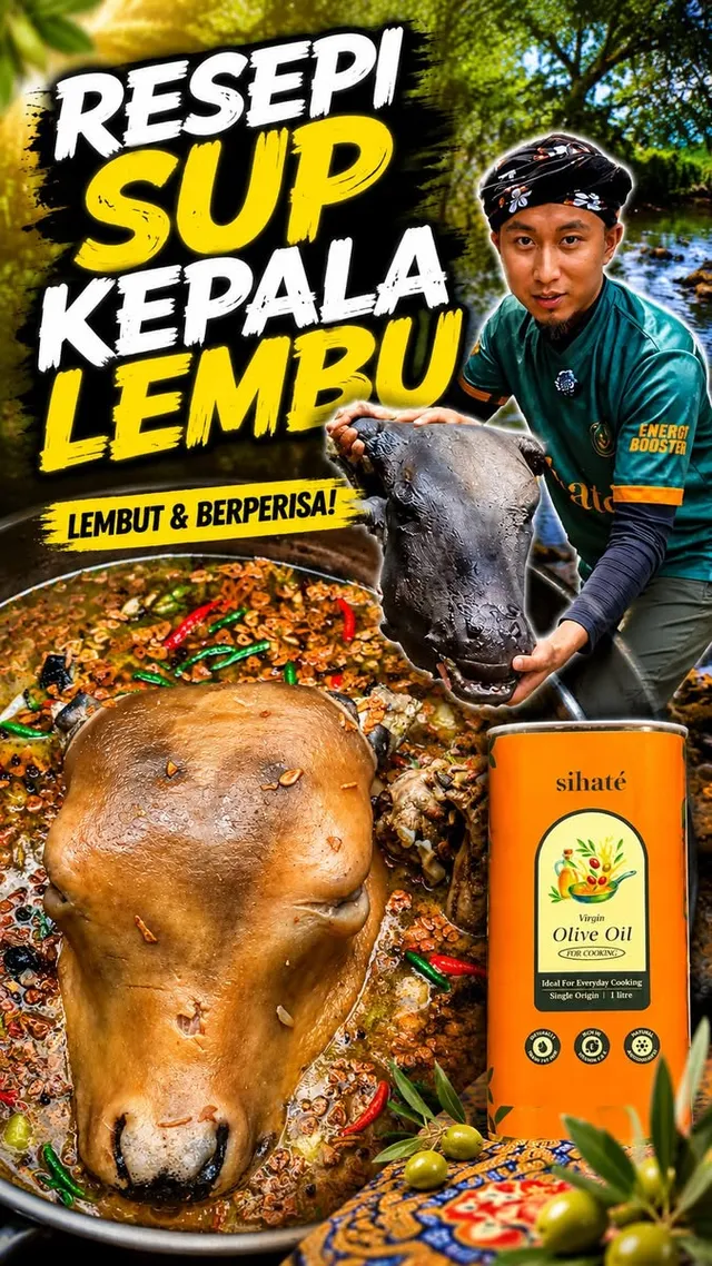 Abe Wea memegang kepala lembu di sebelah kuali sup dan tin minyak zaitun Sihaté