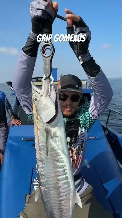 Abe Wea di atas bot mengangkat ikan tenggiri dengan grip ikan Gomexus
