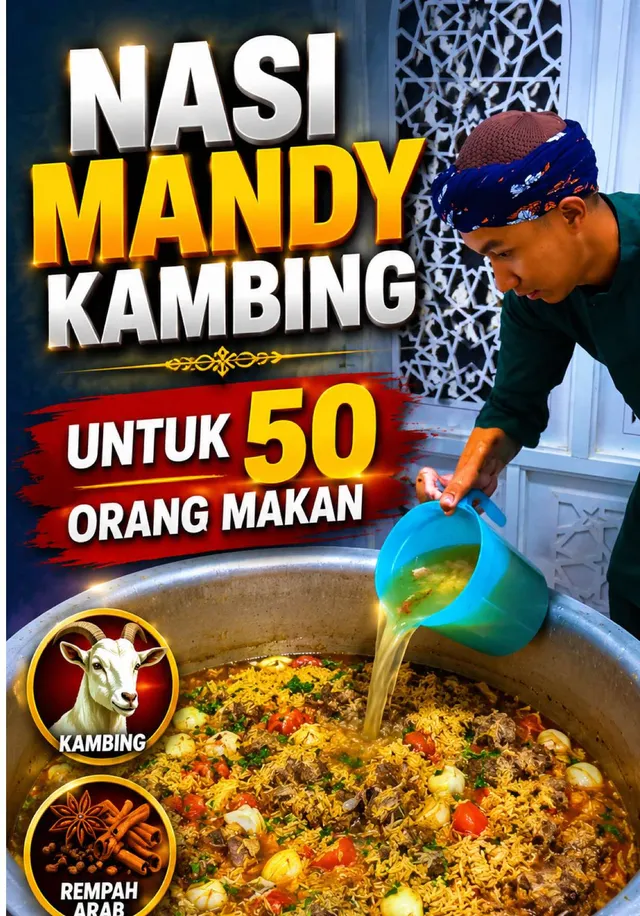 Abe Wea menuang air ke dalam periuk besar nasi mandy kambing