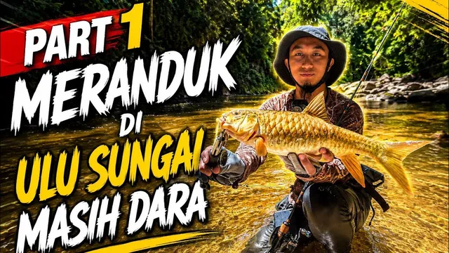 Abe Wea memegang ikan tengas besar dalam sungai jernih di hutan, dengan tajuk Part 1